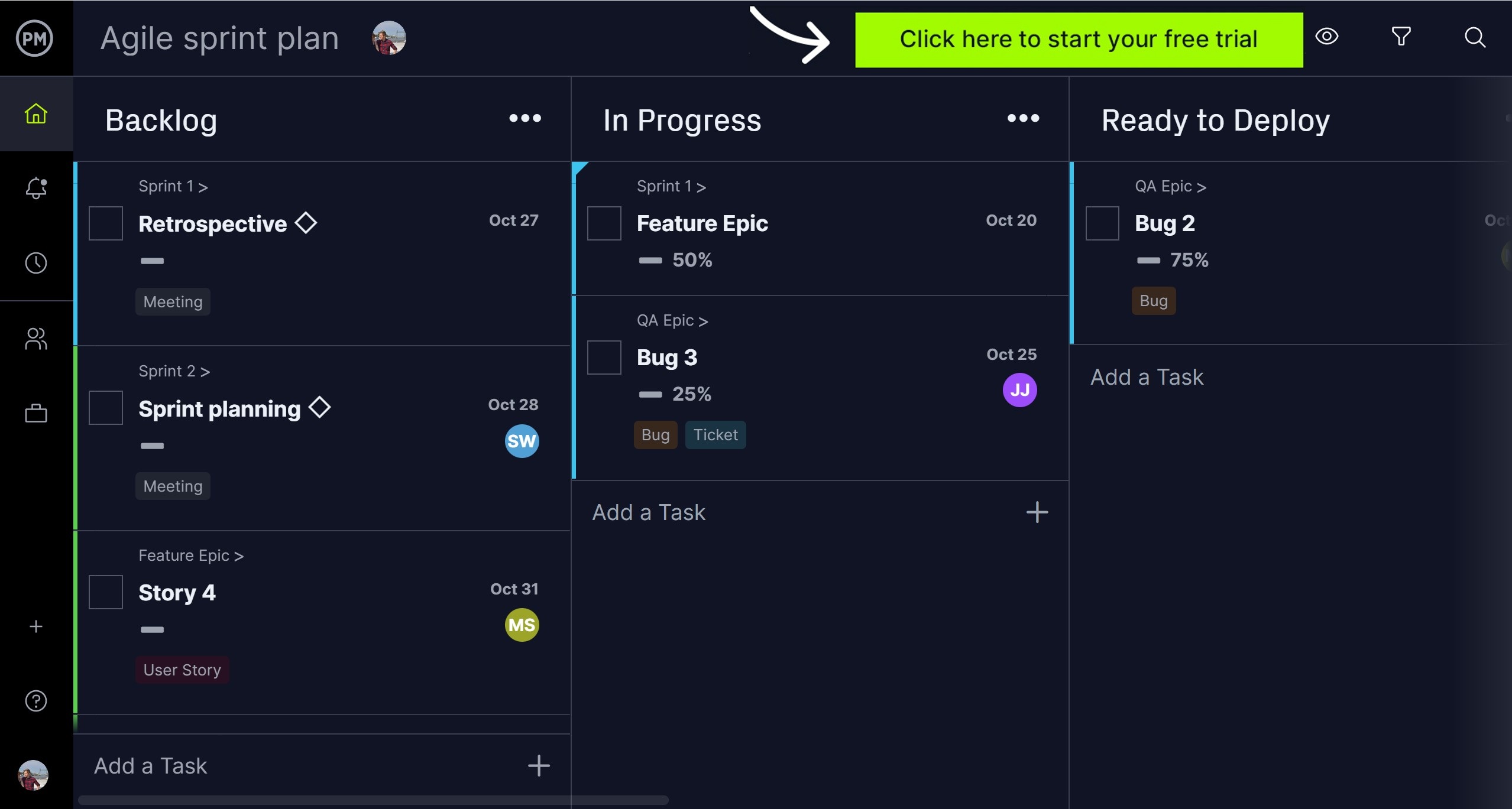 agile sprint plan on ProjectManager's kanban board