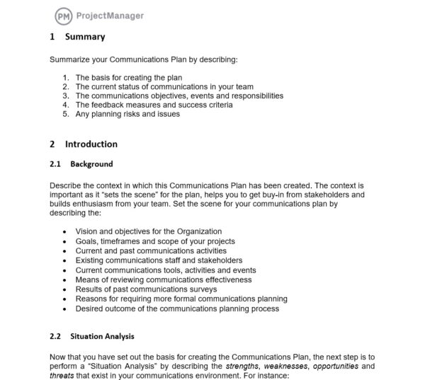 Project communication plan template