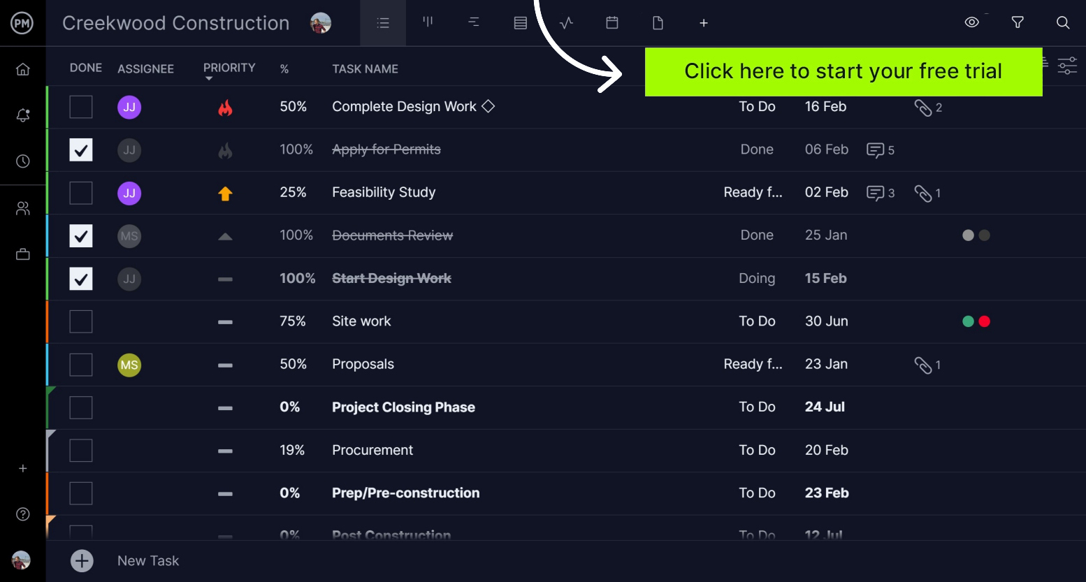 Construction punch list in project management software