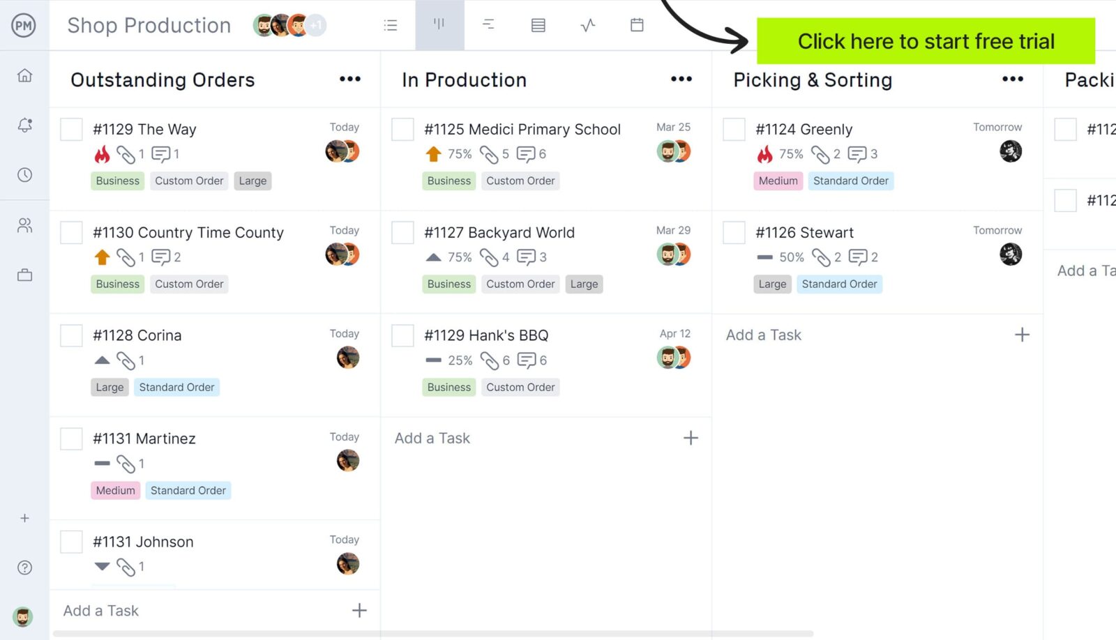 ProjectManager's kanban board showing project task details