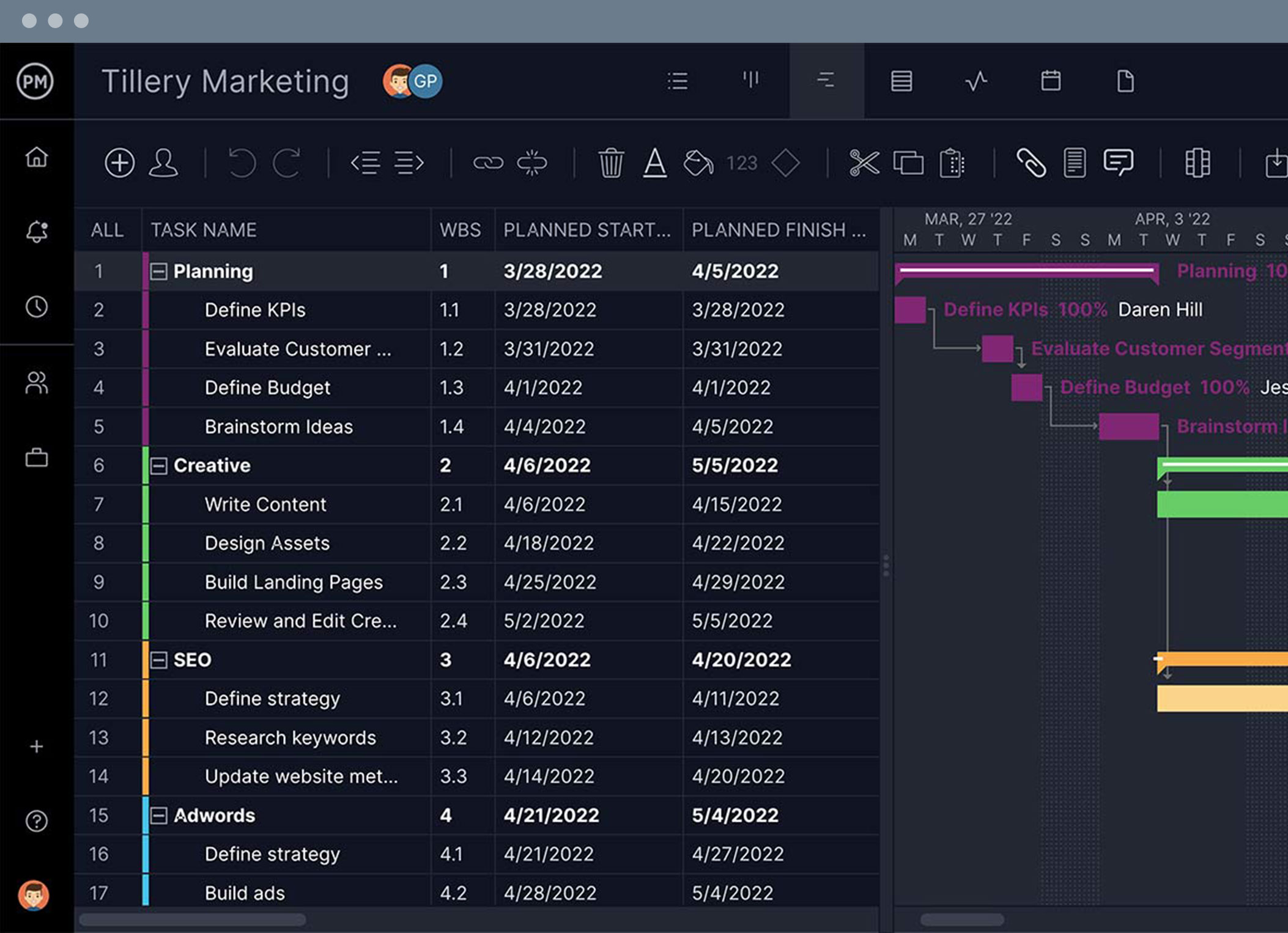 Project creator with Gantt charts