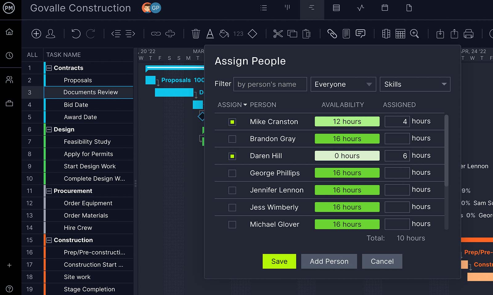 ProjectManager's Gantt with closeup of assignment popup