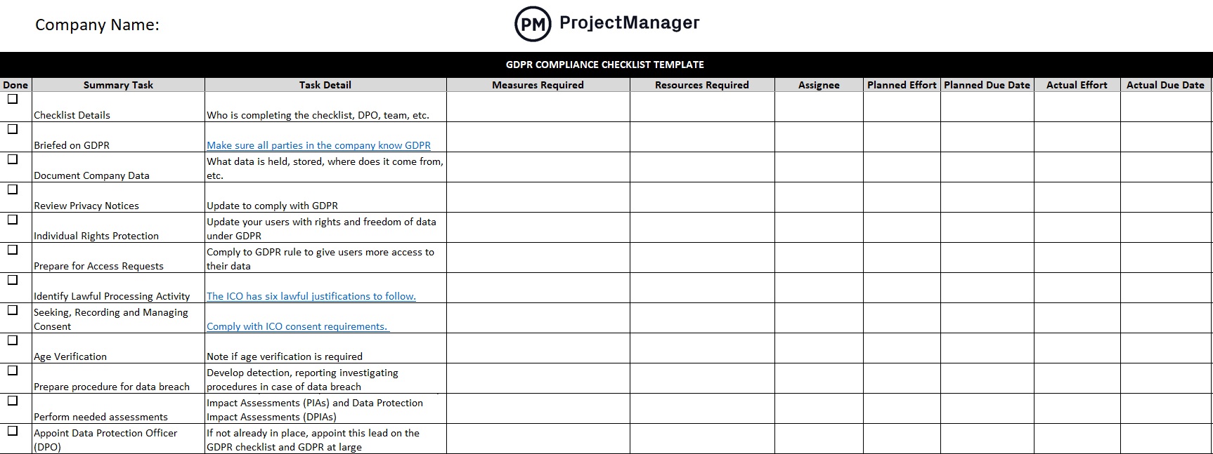 ProjectManager's GDPR compliance template