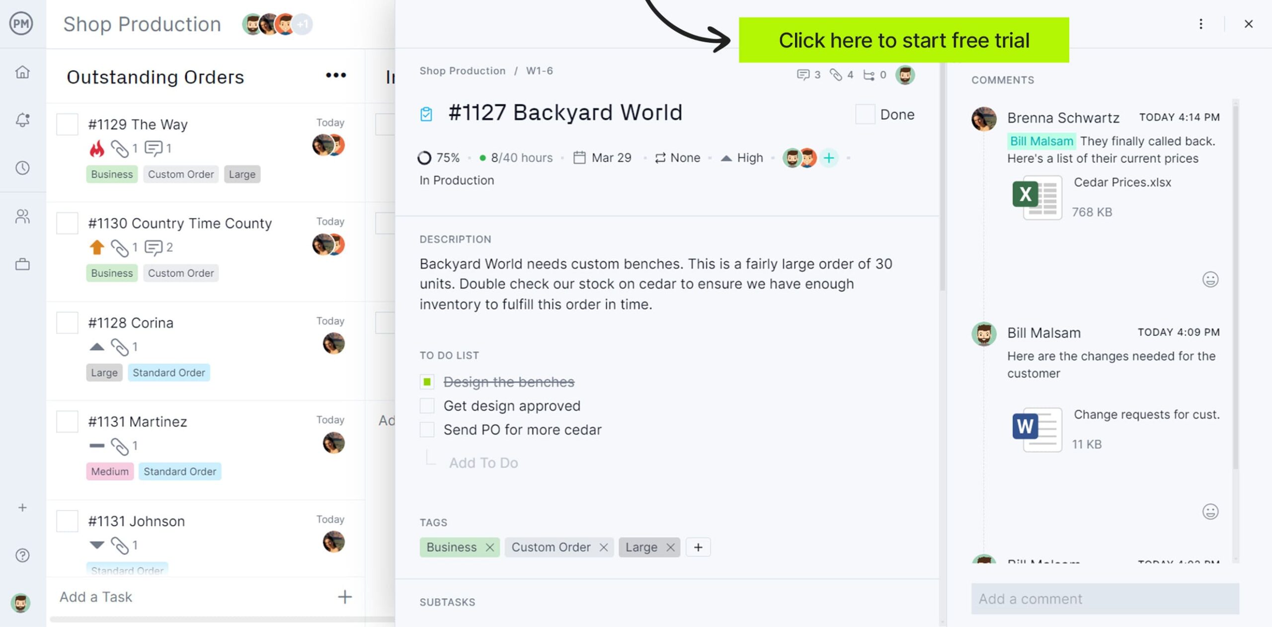 Kanban board with task card open for managing manufacturing process