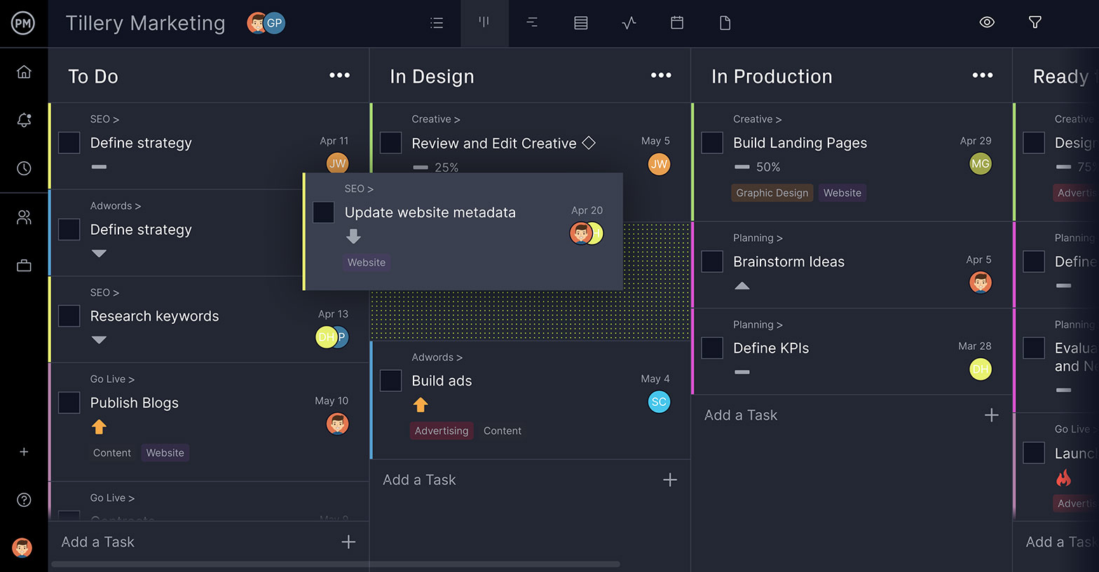 ProjectManager's kanban board to keep track of task dependencies