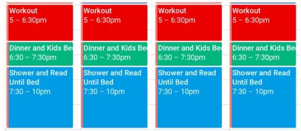 A time blocking schedule showing personal time blocks