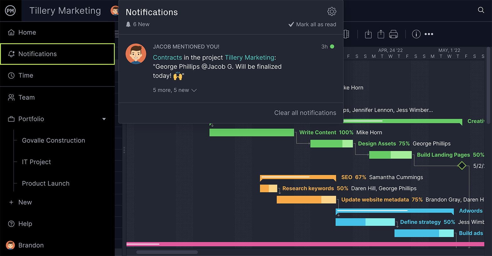 ProjectManager's Gantt chart allows you to find the critical path while communicating with your team online