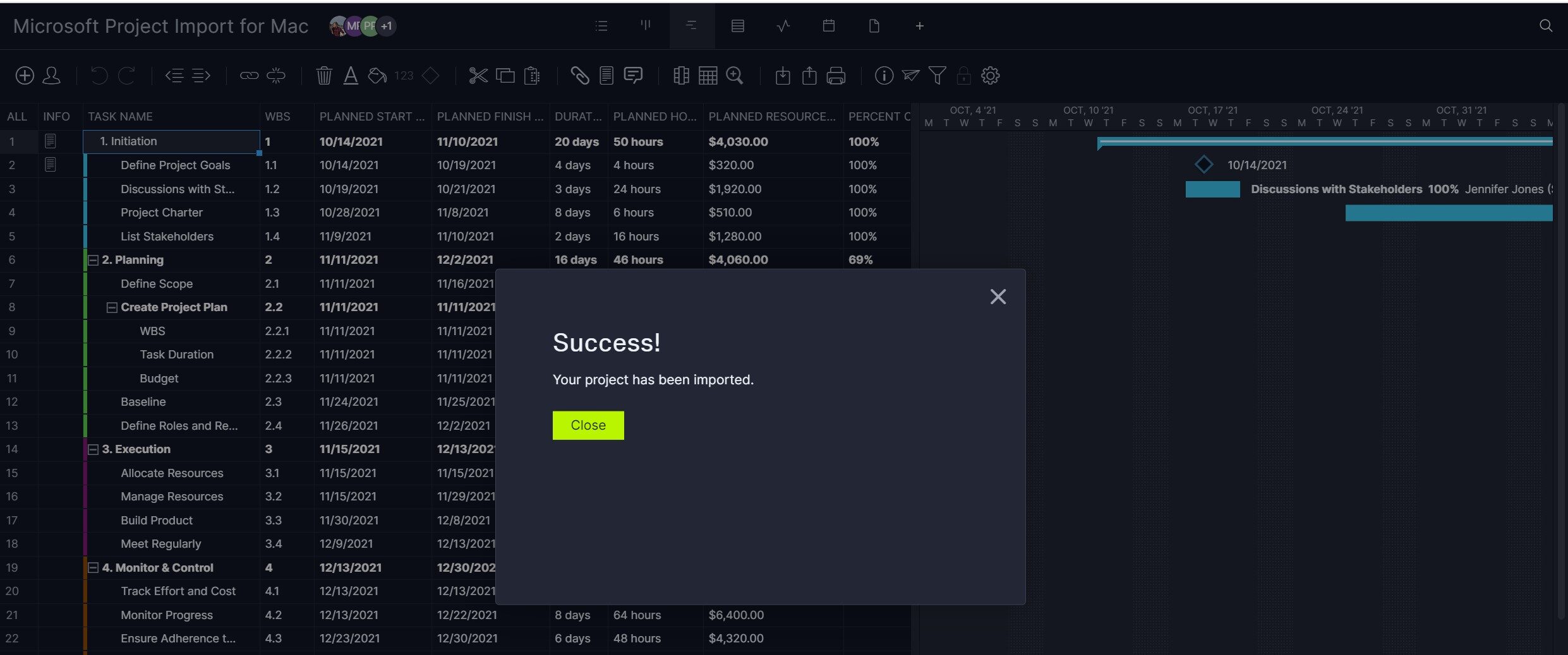 Success pop up indicating you've imported a Gantt chart from MS project