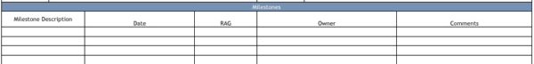 project milestones with date, owner, & comments in report