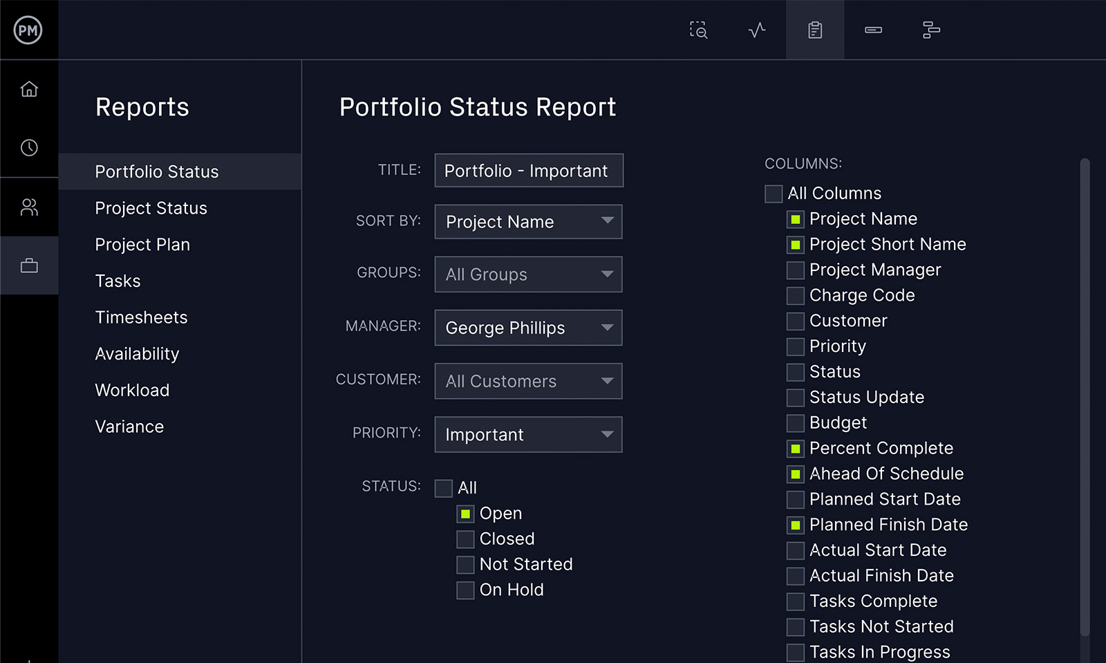 Portfolio status report for project review at scale