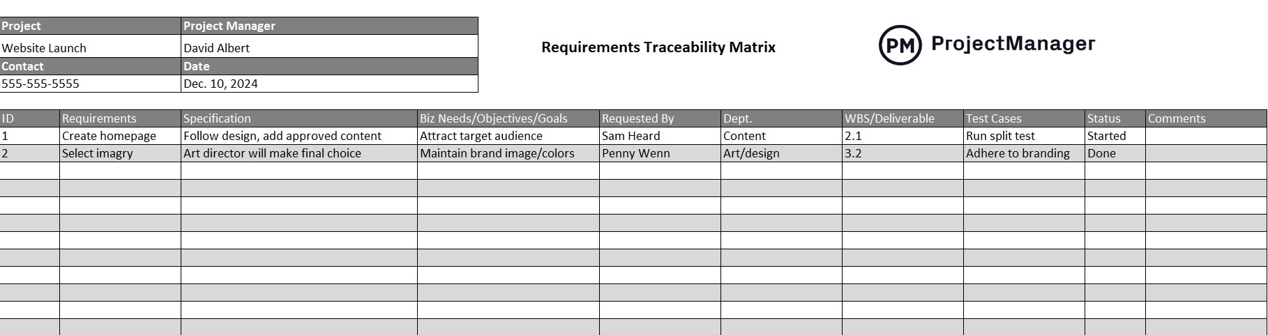 ProjectManager's requirements traceability matrix template