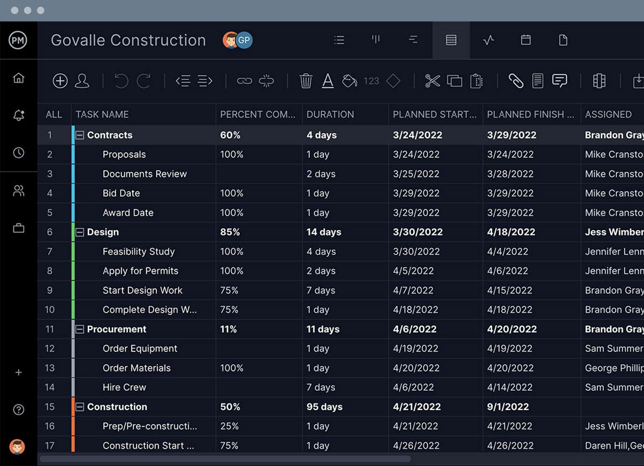 WBS software in spreadsheet view