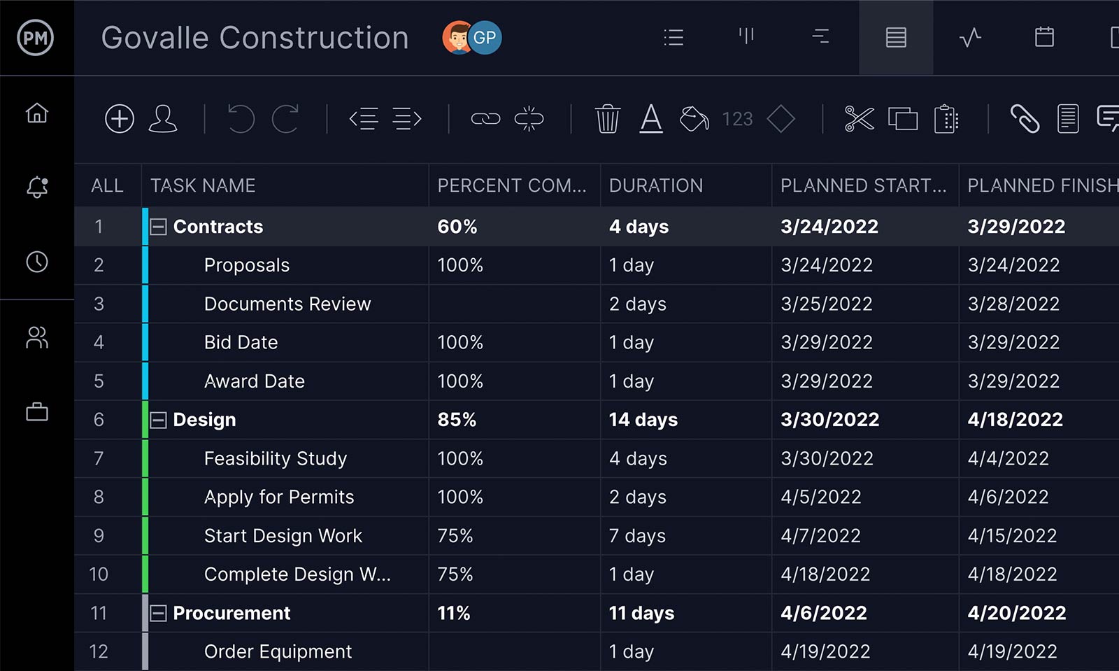 Project creator with spreadsheets for management