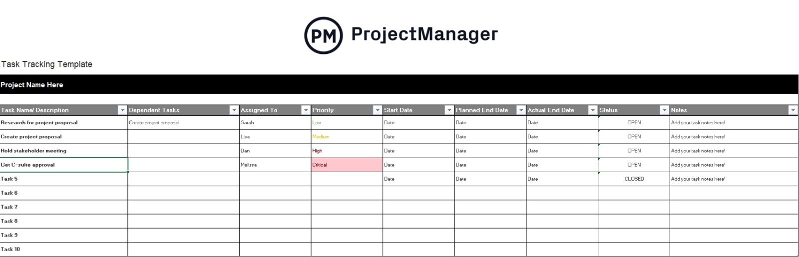 task tracker template for Excel