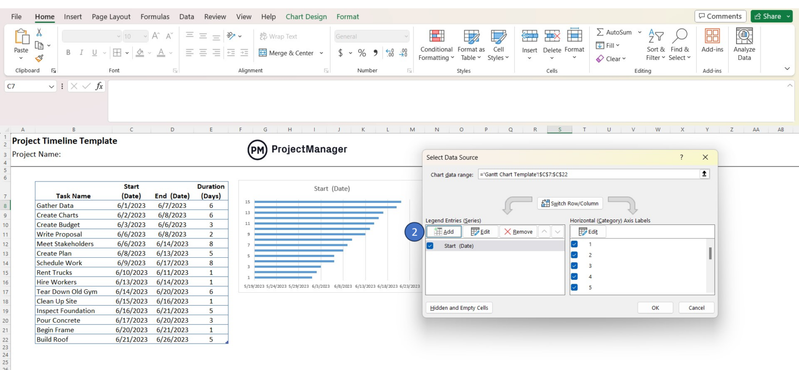 select the data for your Excel project timeline stacked bar chart