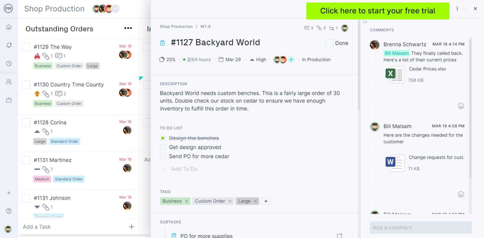 ProjectManager's kanban board with open task card