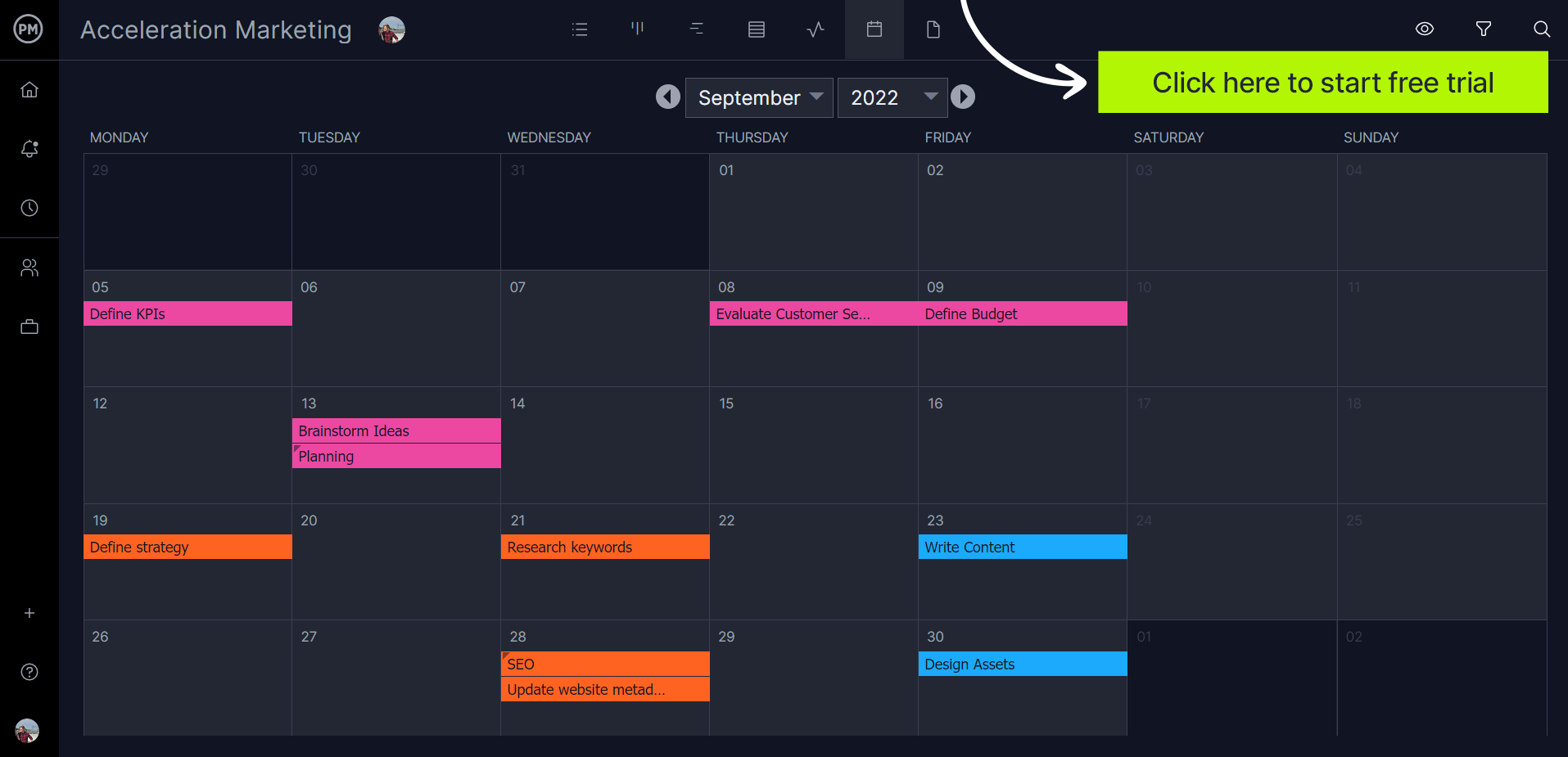 Calendar view in ProjectManager