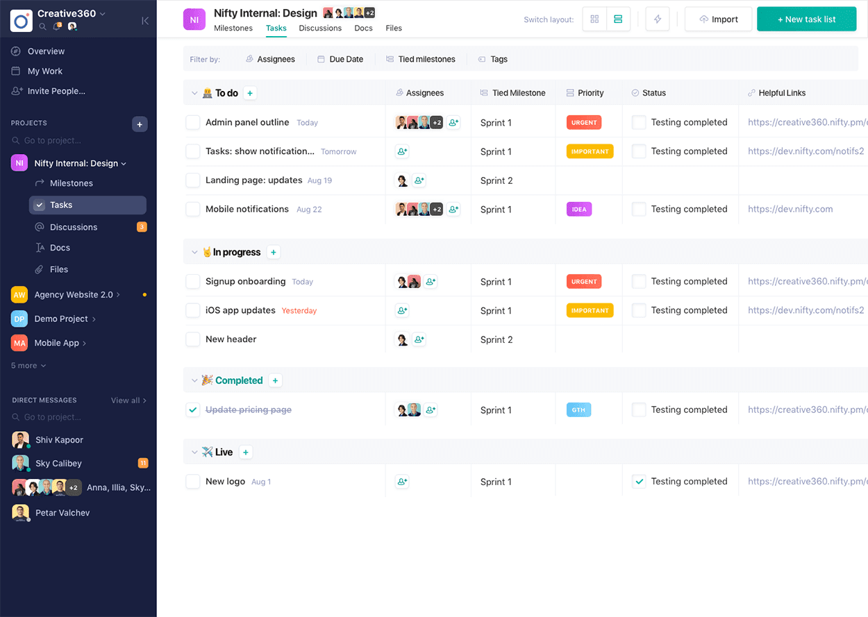 Nifty project management software showing project tasks