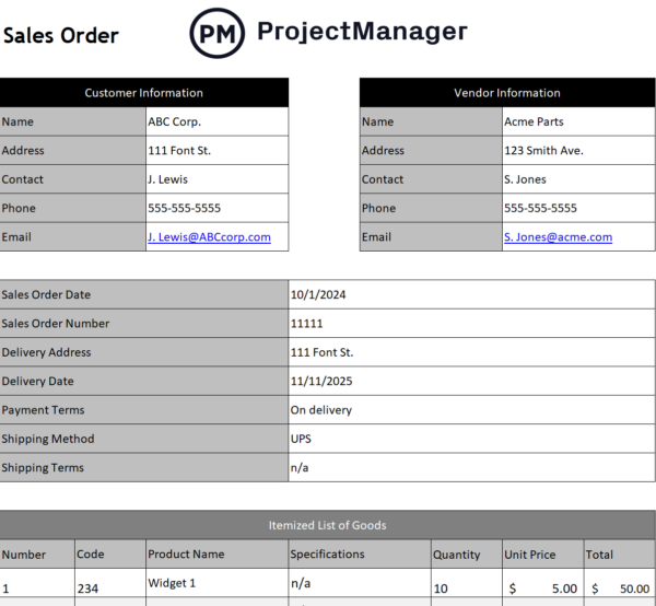 sales order template for Excel