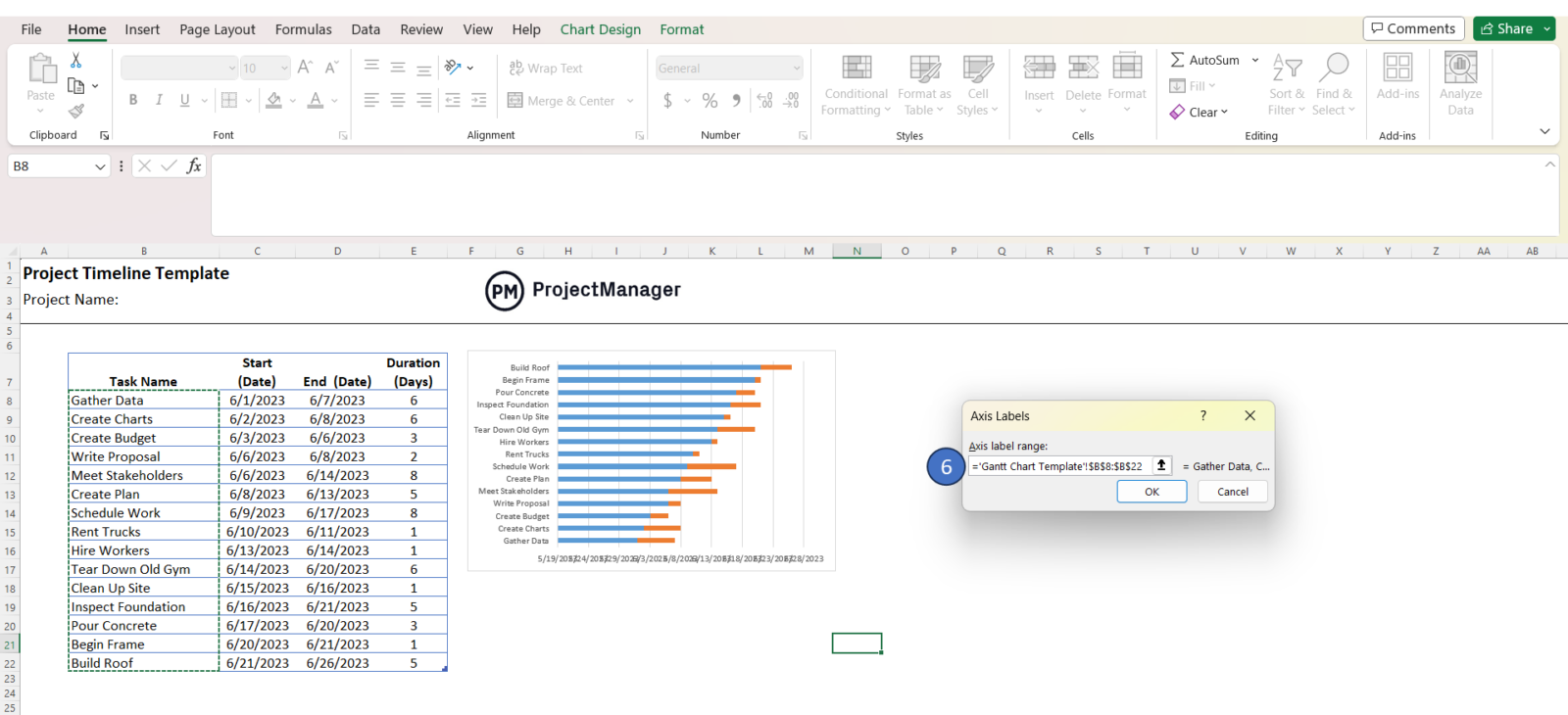 Assign task names to the Excel project timeline stacked bar chart