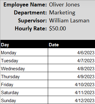 timesheet template showing employee's name