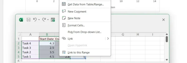 Format cells popup for Microsoft Word Gantt chart