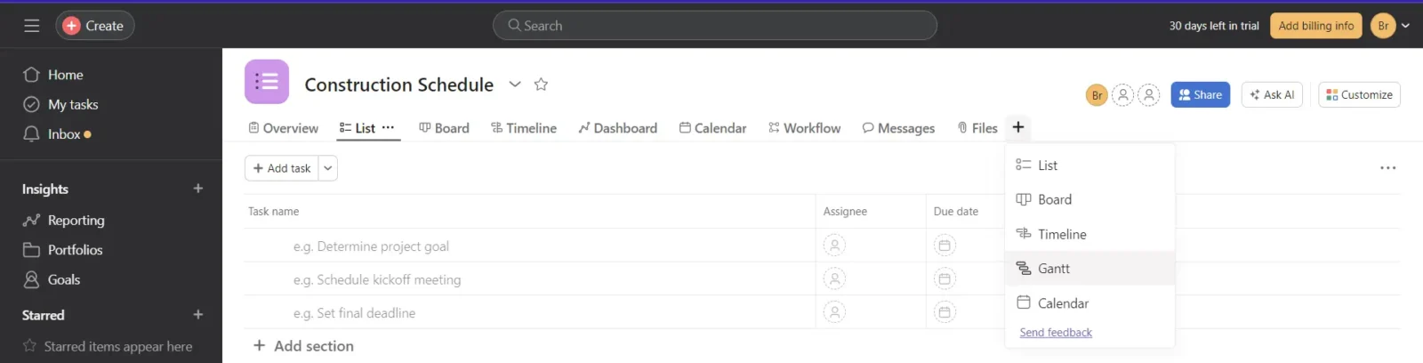 Asana Gantt chart